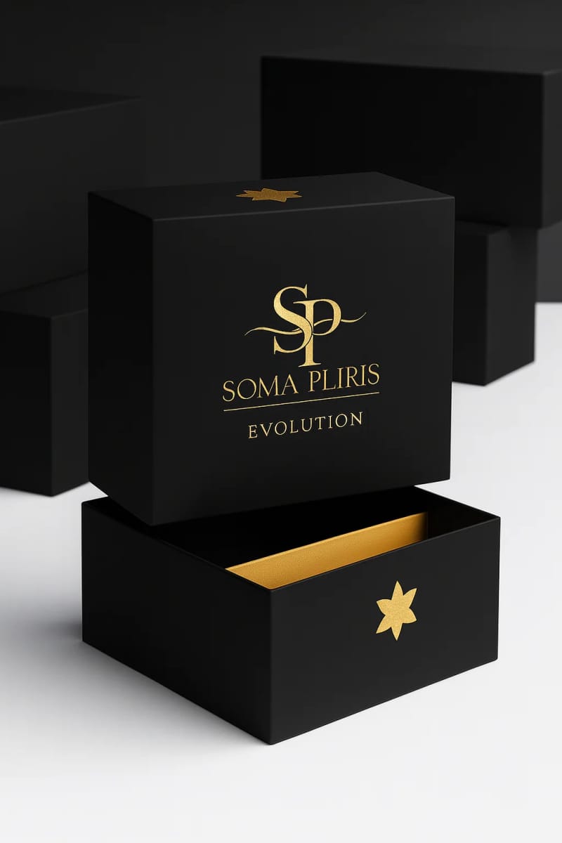 Coffret Soma Pliris Évolution : boîte noire mate aux lettres dorées, intérieur doré.